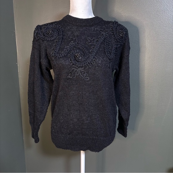 Dana Scott Sweaters - Vintage Dana Scott Black Beaded Knit Sweater 80s Goth Floral Embellished Small